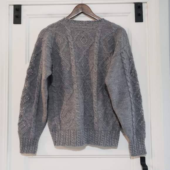 80s Fisher Hill Womens L Pure Wool Crewneck Sweater Embroidered Grey Cable Knit - Picture 2 of 9